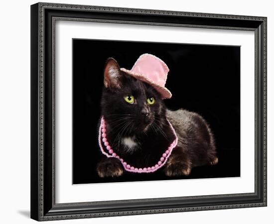 Glamorous Black Cat Wearing Pink Hat And Beads Against Black Background-vitalytitov-Framed Photographic Print