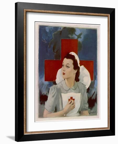 Glamorous Red Cross Nurse Posing in Front of a Cross and Spitfire-null-Framed Art Print