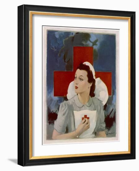 Glamorous Red Cross Nurse Posing in Front of a Cross and Spitfire-null-Framed Art Print