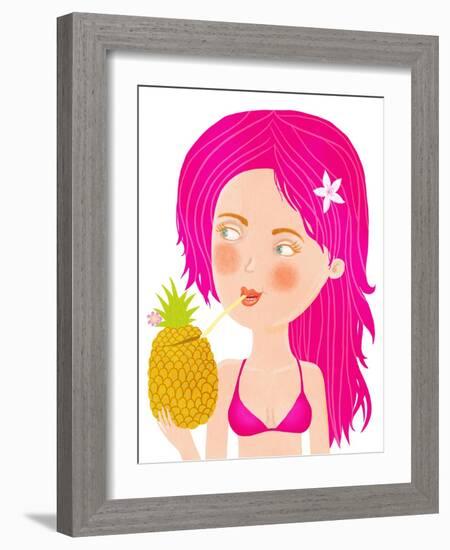 Glamour Girl in Bikini with Pineapple Illustration-smilewithjul-Framed Art Print