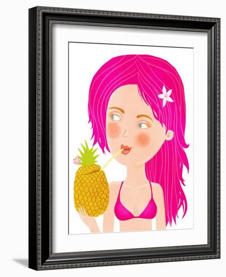 Glamour Girl in Bikini with Pineapple Illustration-smilewithjul-Framed Art Print