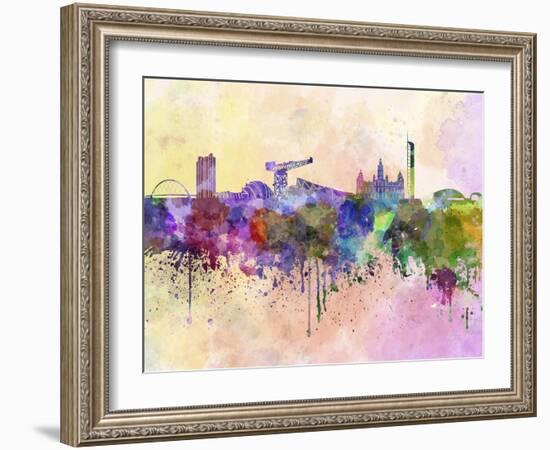 Glasgow Skyline in Watercolor Background-paulrommer-Framed Art Print