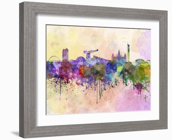 Glasgow Skyline in Watercolor Background-paulrommer-Framed Art Print