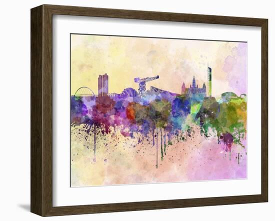 Glasgow Skyline in Watercolor Background-paulrommer-Framed Art Print