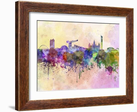 Glasgow Skyline in Watercolor Background-paulrommer-Framed Art Print