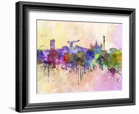 Glasgow Skyline in Watercolor Background-paulrommer-Framed Art Print