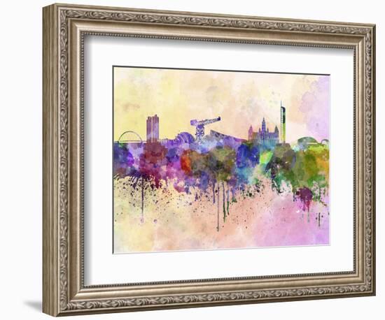 Glasgow Skyline in Watercolor Background-paulrommer-Framed Art Print