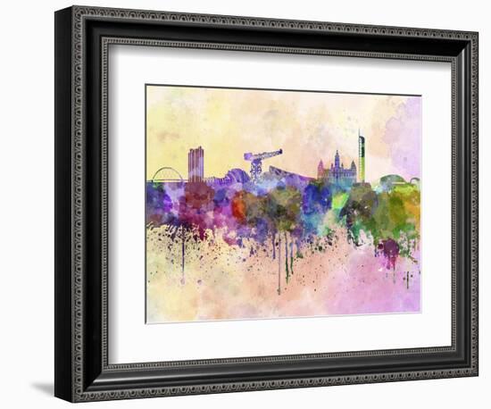 Glasgow Skyline in Watercolor Background-paulrommer-Framed Art Print