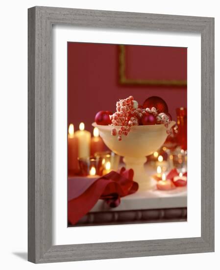 Glass Bowl of Berries & Xmas Baubles as Table Decoration-Luzia Ellert-Framed Photographic Print