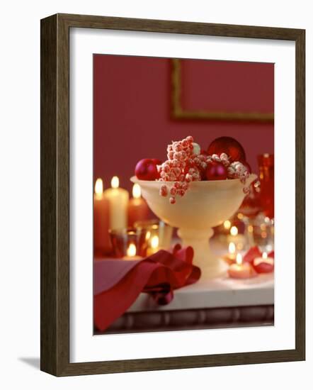 Glass Bowl of Berries & Xmas Baubles as Table Decoration-Luzia Ellert-Framed Photographic Print