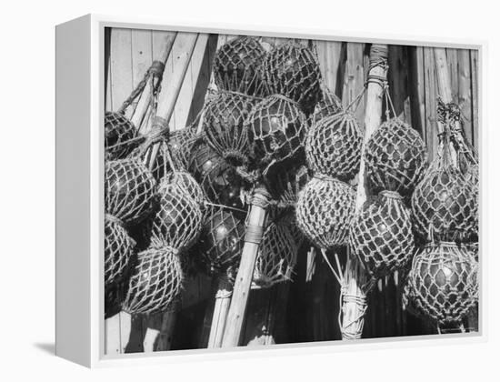 Glass Net Floats Being Used in Groups to Hold Afloat Net Markers Which Are Poles with Small Flag-Eliot Elisofon-Framed Premier Image Canvas