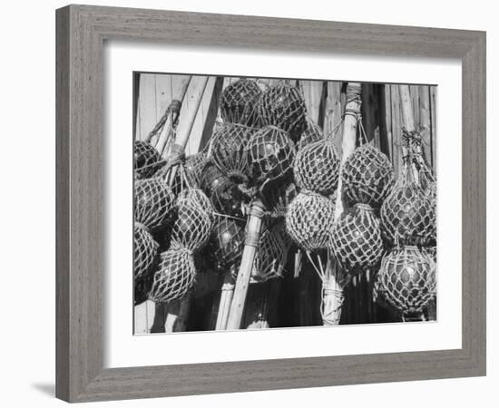 Glass Net Floats Being Used in Groups to Hold Afloat Net Markers Which Are Poles with Small Flag-Eliot Elisofon-Framed Photographic Print