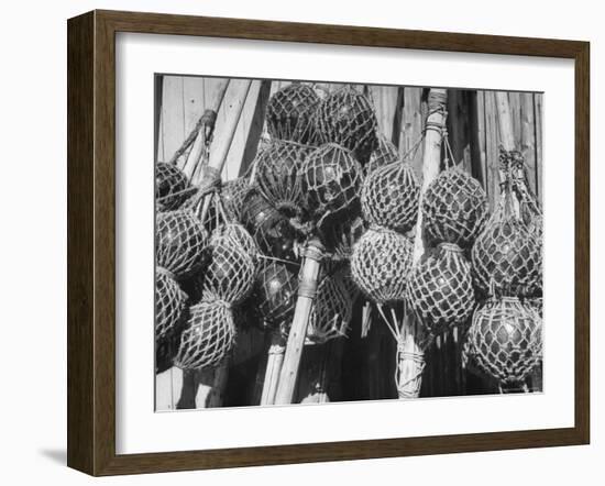 Glass Net Floats Being Used in Groups to Hold Afloat Net Markers Which Are Poles with Small Flag-Eliot Elisofon-Framed Photographic Print