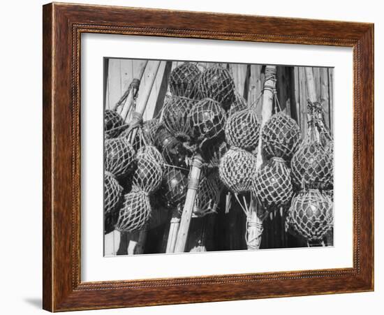 Glass Net Floats Being Used in Groups to Hold Afloat Net Markers Which Are Poles with Small Flag-Eliot Elisofon-Framed Photographic Print