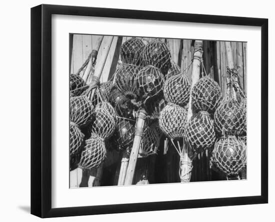 Glass Net Floats Being Used in Groups to Hold Afloat Net Markers Which Are Poles with Small Flag-Eliot Elisofon-Framed Photographic Print