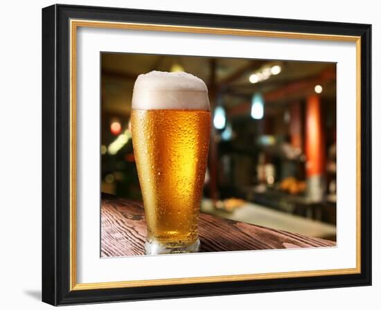 Glass of Light Beer on a Dark Pub.-Volff-Framed Photographic Print