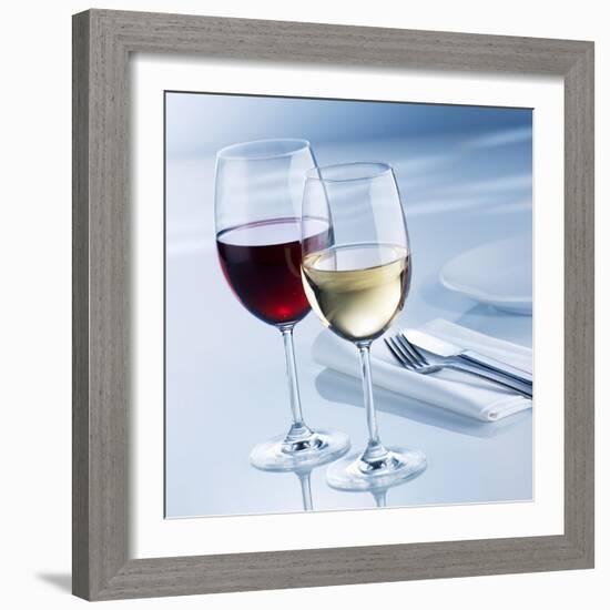 Glass of White Wine and Glass of Red Wine Beside Place-Setting-Alexander Feig-Framed Photographic Print