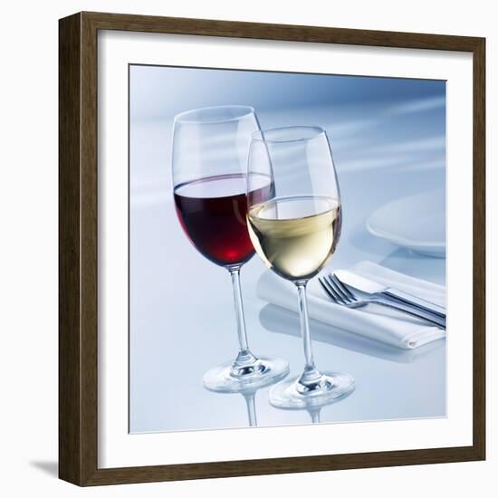 Glass of White Wine and Glass of Red Wine Beside Place-Setting-Alexander Feig-Framed Photographic Print