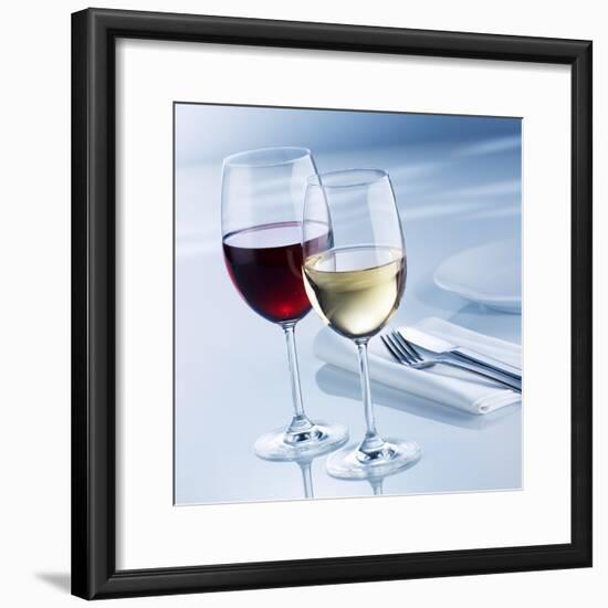 Glass of White Wine and Glass of Red Wine Beside Place-Setting-Alexander Feig-Framed Photographic Print