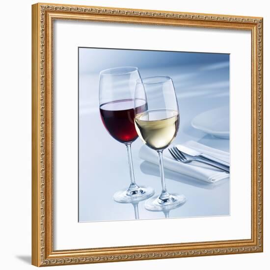 Glass of White Wine and Glass of Red Wine Beside Place-Setting-Alexander Feig-Framed Photographic Print