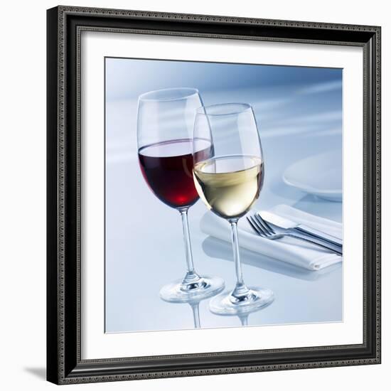 Glass of White Wine and Glass of Red Wine Beside Place-Setting-Alexander Feig-Framed Photographic Print