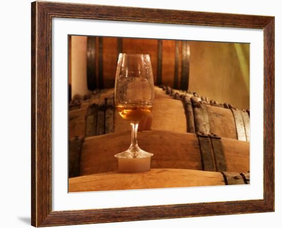 Glass of White Wine on Bung Hole Stopper, Wine Cellar of Jo Pithon, Loire Valley, France-Per Karlsson-Framed Photographic Print