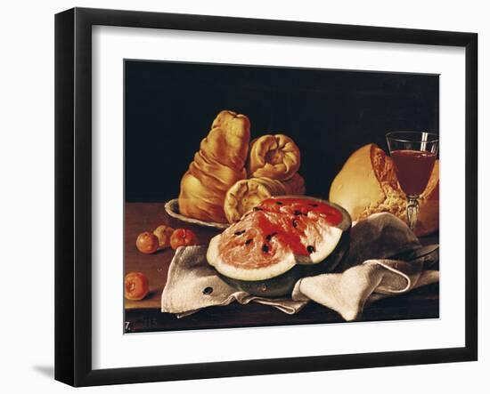 Glass of Wine, Watermelon and Bread-Luis Egidio Melendez-Framed Giclee Print