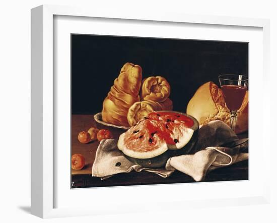Glass of Wine, Watermelon and Bread-Luis Egidio Melendez-Framed Giclee Print