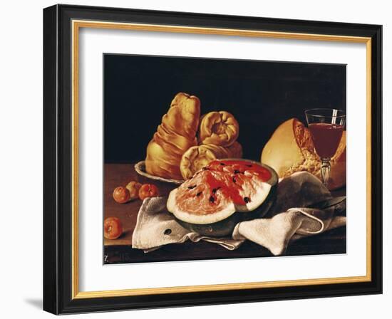 Glass of Wine, Watermelon and Bread-Luis Egidio Melendez-Framed Giclee Print