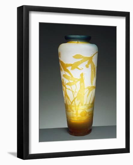 Glass Vase with Blue Mouth Decorated with Orange Dragonflies and Aquatic Plants-Emile Galle-Framed Giclee Print