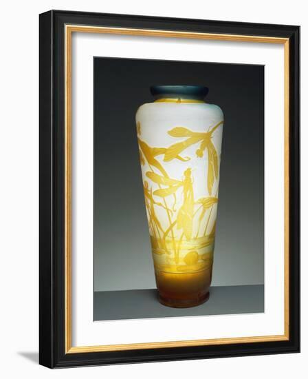 Glass Vase with Blue Mouth Decorated with Orange Dragonflies and Aquatic Plants-Emile Galle-Framed Giclee Print