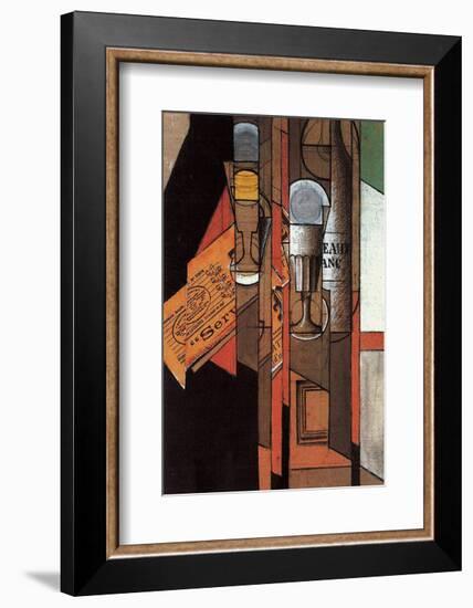 Glasses, Newspaper, and Bottle of Wine-Juan Gris-Framed Art Print