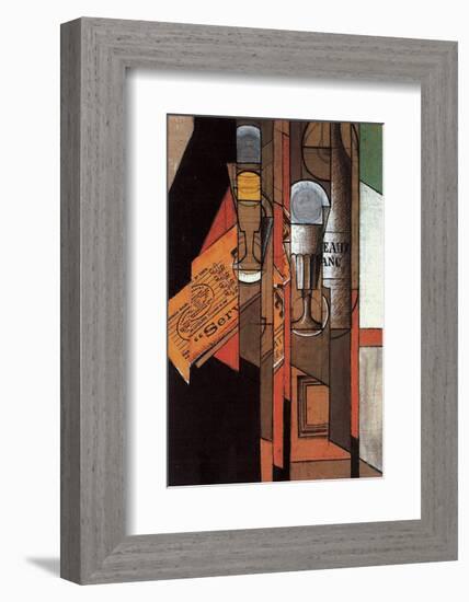 Glasses, Newspaper, and Bottle of Wine-Juan Gris-Framed Art Print