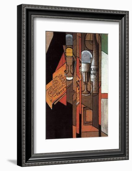 Glasses, Newspaper, and Bottle of Wine-Juan Gris-Framed Art Print