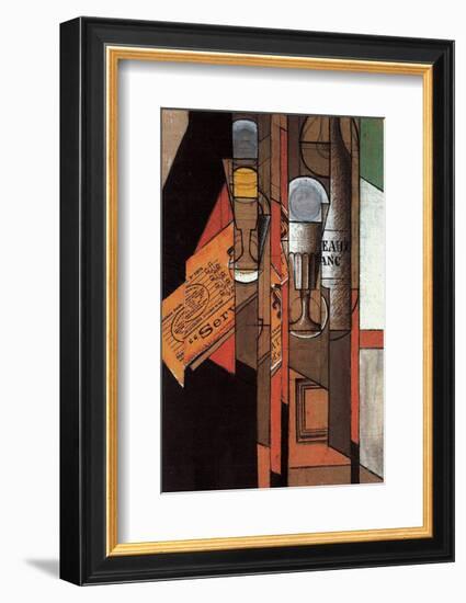 Glasses, Newspaper, and Bottle of Wine-Juan Gris-Framed Art Print