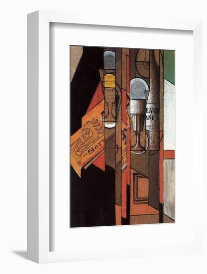 Glasses, Newspaper, and Bottle of Wine-Juan Gris-Framed Art Print