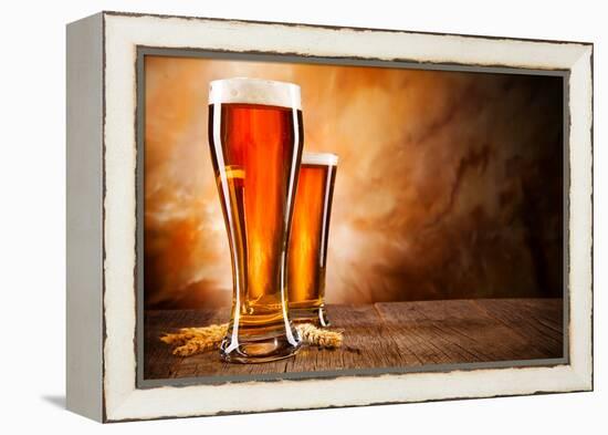 Glasses of Beer on Wooden Table-Jag_cz-Framed Premier Image Canvas