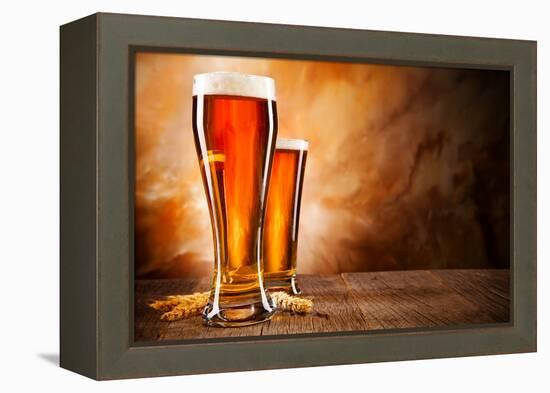 Glasses of Beer on Wooden Table-Jag_cz-Framed Premier Image Canvas