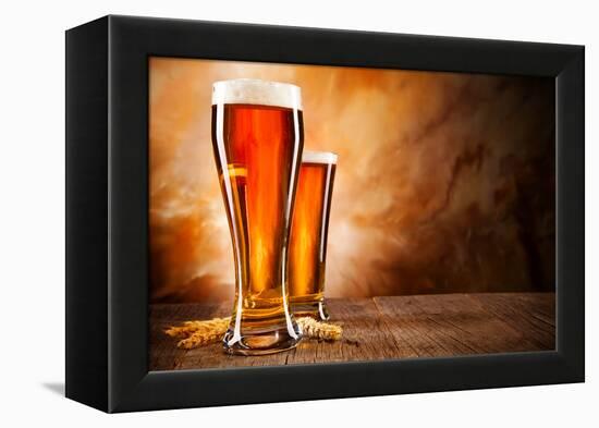 Glasses of Beer on Wooden Table-Jag_cz-Framed Premier Image Canvas