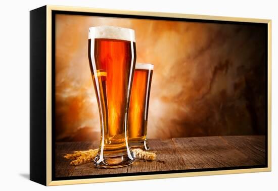 Glasses of Beer on Wooden Table-Jag_cz-Framed Premier Image Canvas