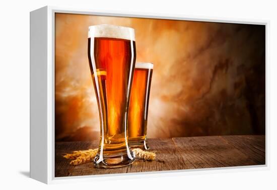 Glasses of Beer on Wooden Table-Jag_cz-Framed Premier Image Canvas