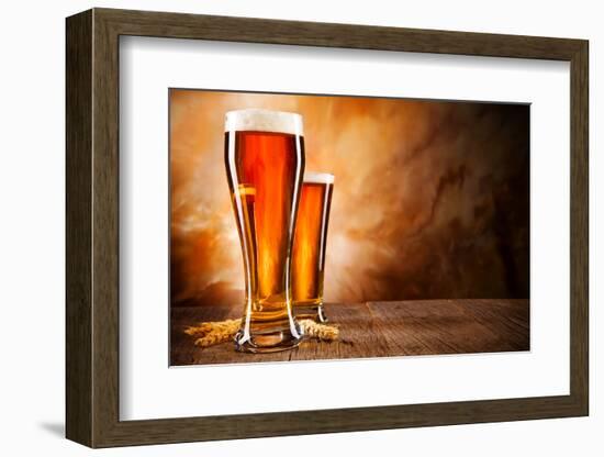 Glasses of Beer on Wooden Table-Jag_cz-Framed Photographic Print