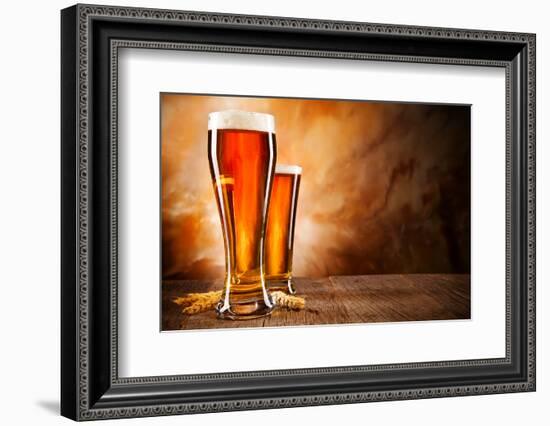 Glasses of Beer on Wooden Table-Jag_cz-Framed Photographic Print