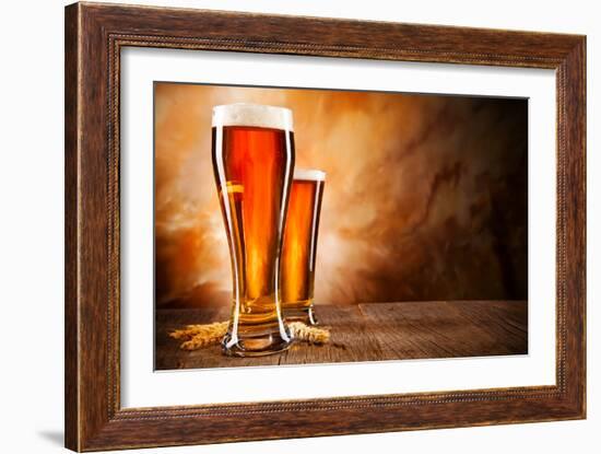 Glasses of Beer on Wooden Table-Jag_cz-Framed Photographic Print