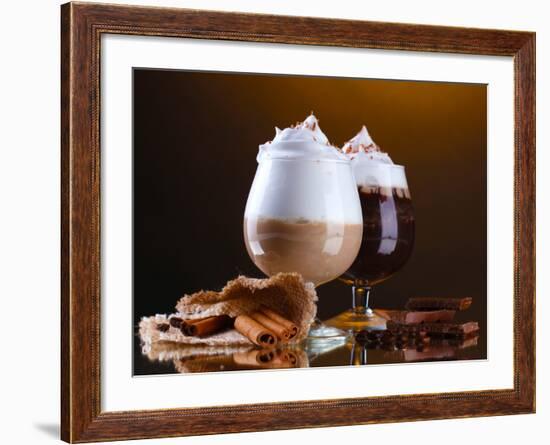 Glasses Of Coffee Cocktail On Brown Background-Yastremska-Framed Photographic Print