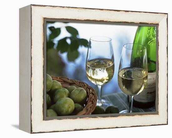 Glasses of White Wine on Table With River Relected in Glass, Loire, France, Europe-John Miller-Framed Premier Image Canvas