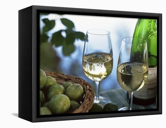 Glasses of White Wine on Table With River Relected in Glass, Loire, France, Europe-John Miller-Framed Premier Image Canvas