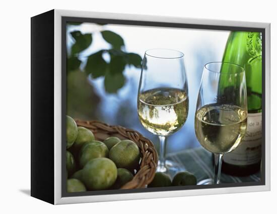 Glasses of White Wine on Table With River Relected in Glass, Loire, France, Europe-John Miller-Framed Premier Image Canvas