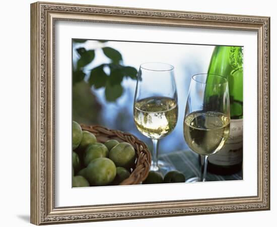 Glasses of White Wine on Table With River Relected in Glass, Loire, France, Europe-John Miller-Framed Photographic Print