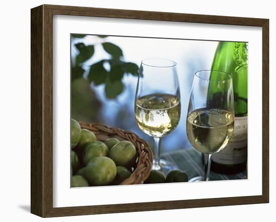 Glasses of White Wine on Table With River Relected in Glass, Loire, France, Europe-John Miller-Framed Photographic Print